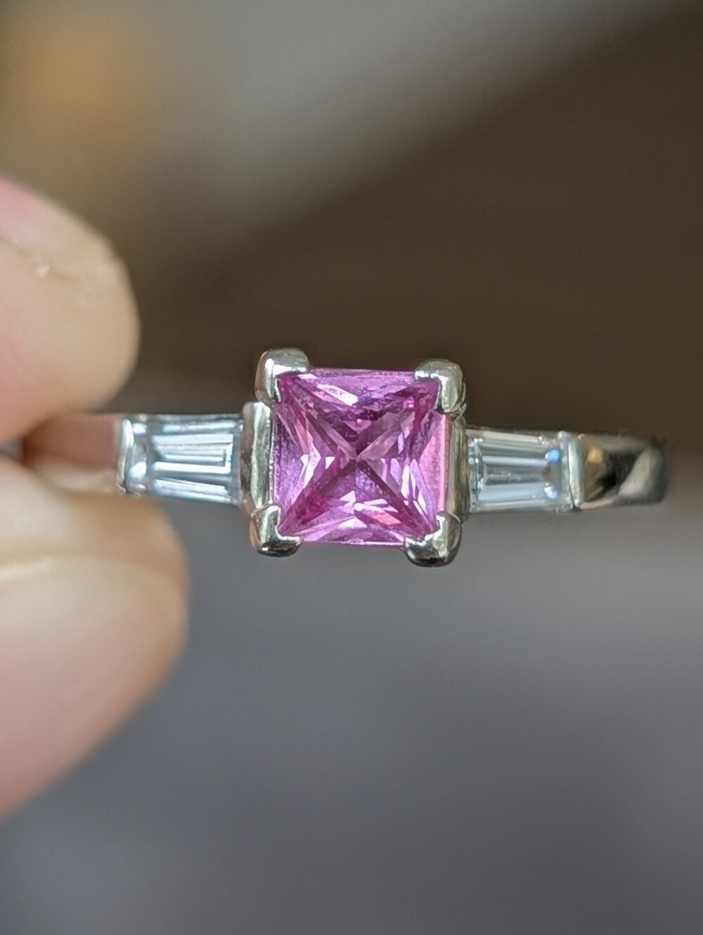 14K White Gold Princess Cut Pink Sapphire And Baguette Cut Diamond Ring